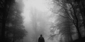 Hiker walking alone on a foggy forest path