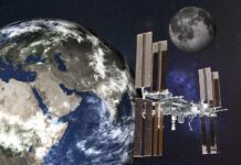 Russian Satellite Stalks Ukraine Spy Bird International Space Station orbiting Earth with the Moon in the background