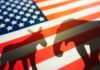Brutal Ackman Broadside Rattles Democrats American flag with donkey and elephant shadows