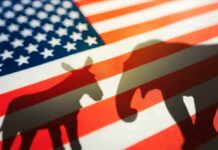 Brutal Ackman Broadside Rattles Democrats American flag with donkey and elephant shadows