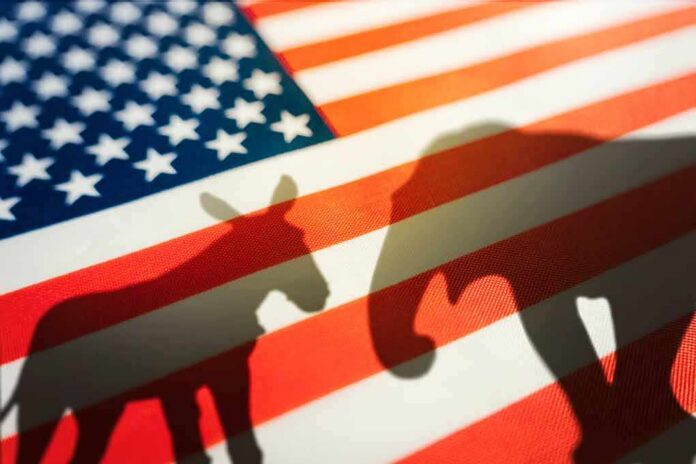 shutterstock_2193751699 American flag with donkey and elephant shadows